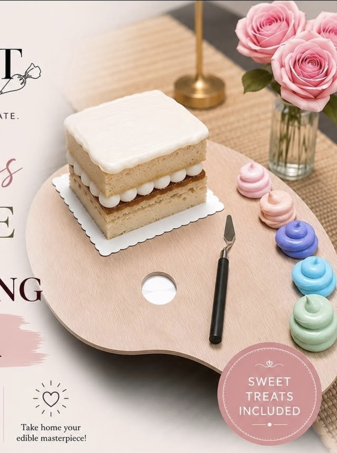 Cake painting palette with cake and colorful buttercream